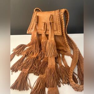 Tan Fringe Leather Crossbody Bag Purse Handmade Artisan Tassel Boho Festival Vtg